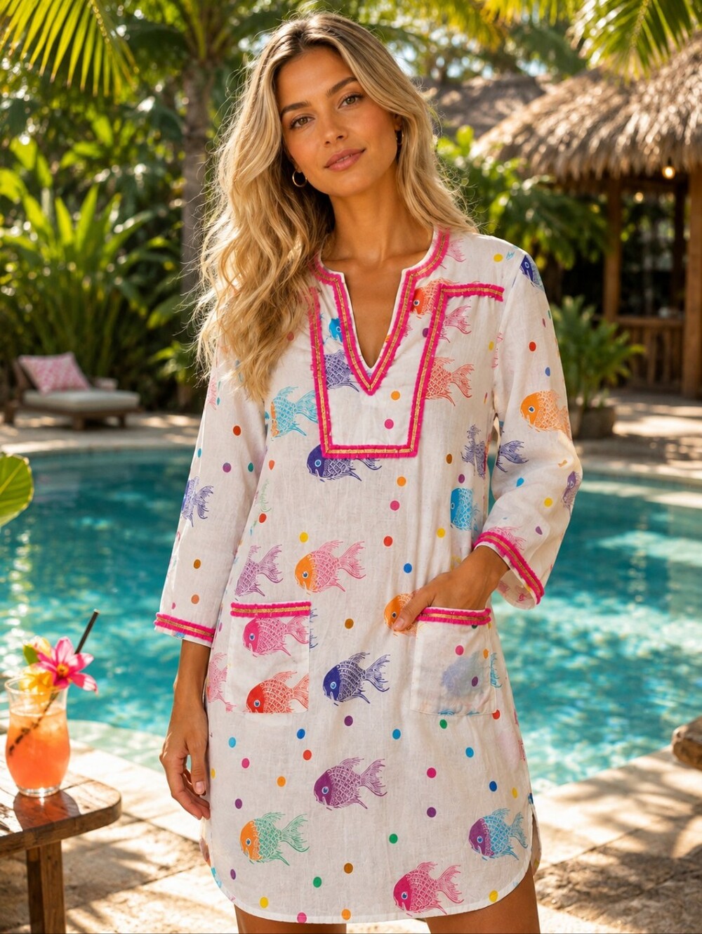 Nimo With Love White Fish-Print Dress Tunic with Pink Trim Cover Up XS